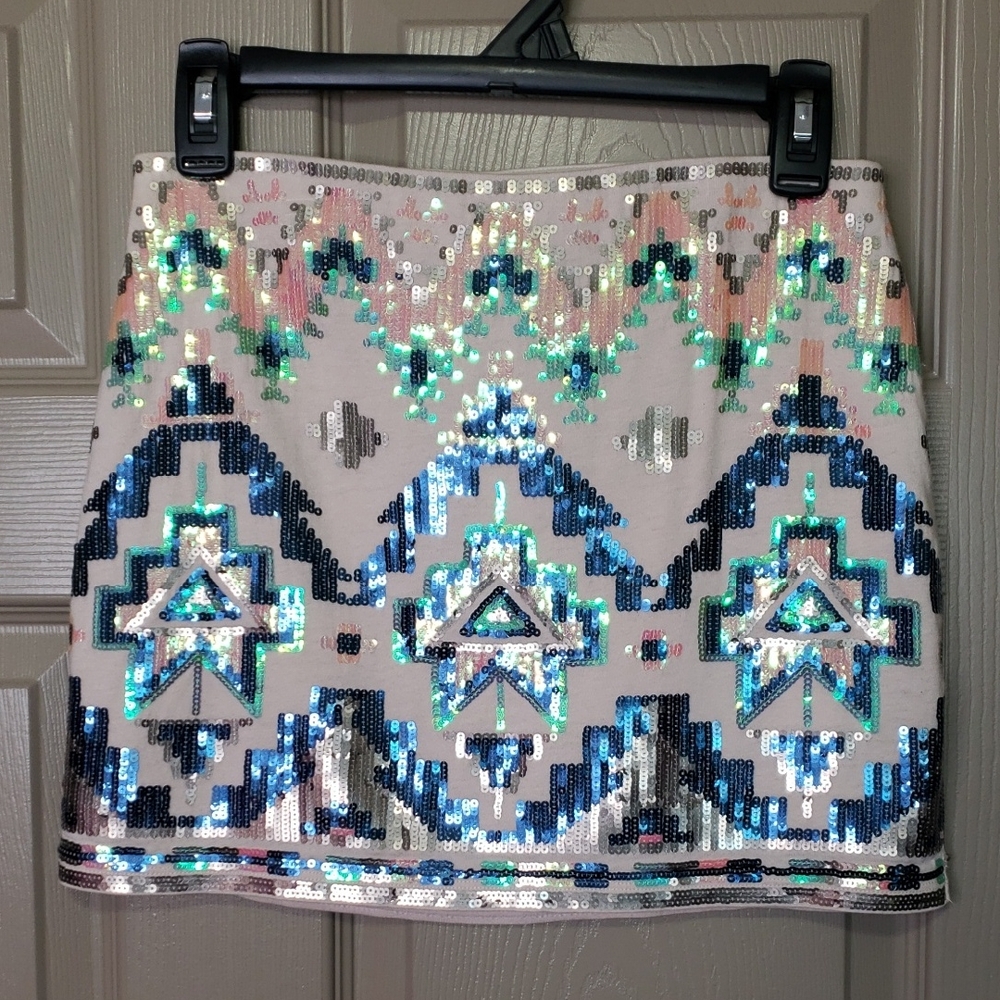 EXPRESS Sequin Embellished sequins Aztec Multicolor mini skirt size extra small